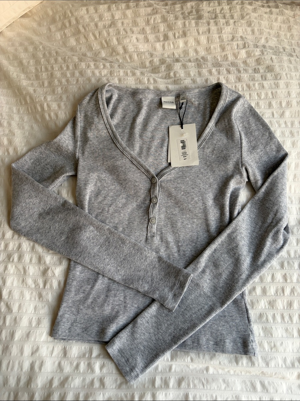Aritzia Light Grey Ribbed Long-Sleeve Henley Top